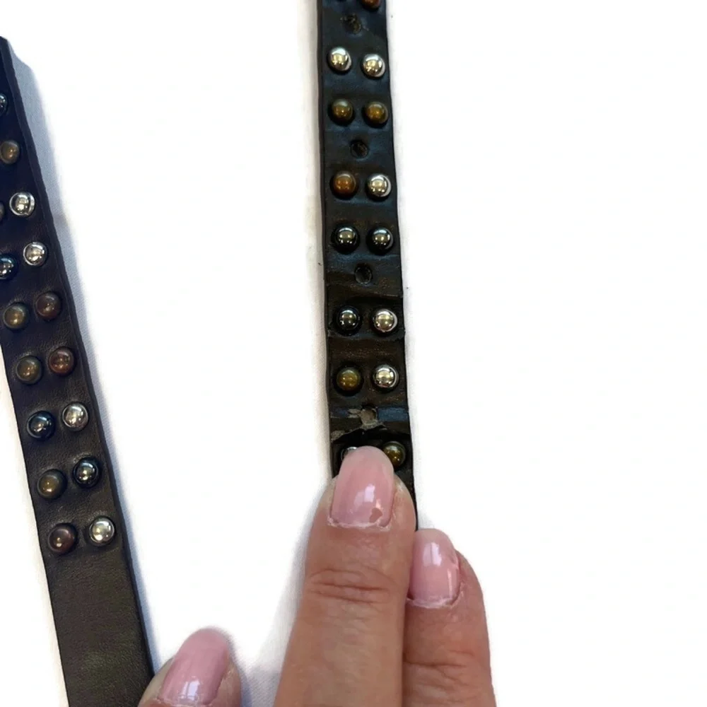 Multi-tone Studded Brown Thin Leather Belt Silvertone Hardwear Size Small Indie